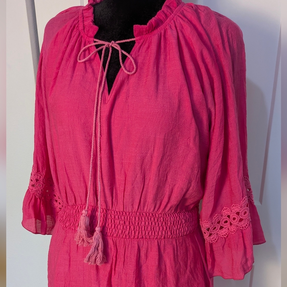 Fuchsia Pink Smocked Poplin Lace Embroidered Mini Dress Pullover Sz L - Picture 4 of 14